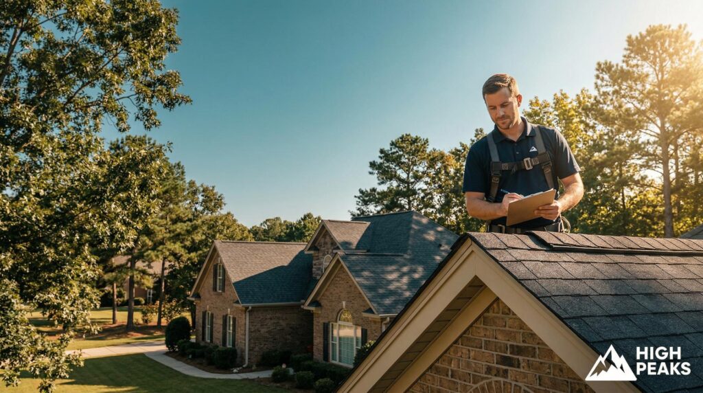 HighPeaksNC Hero Image featuring a summer suburban roofline with an inspector attentively examining the roof. 